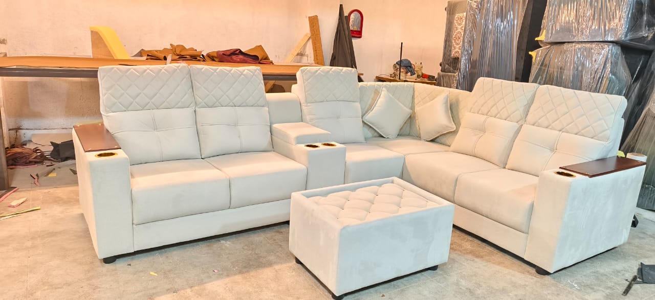 Ivory and rust two-tone leather corner sofa