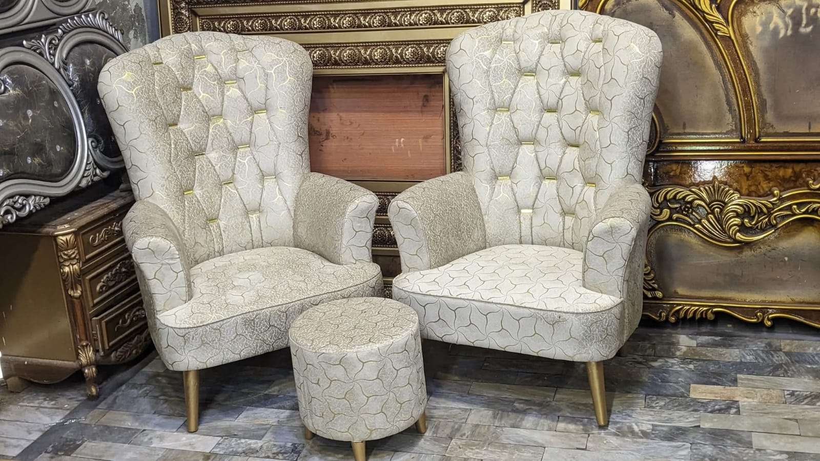 Slate blue and beige corner sofa set with round chairs