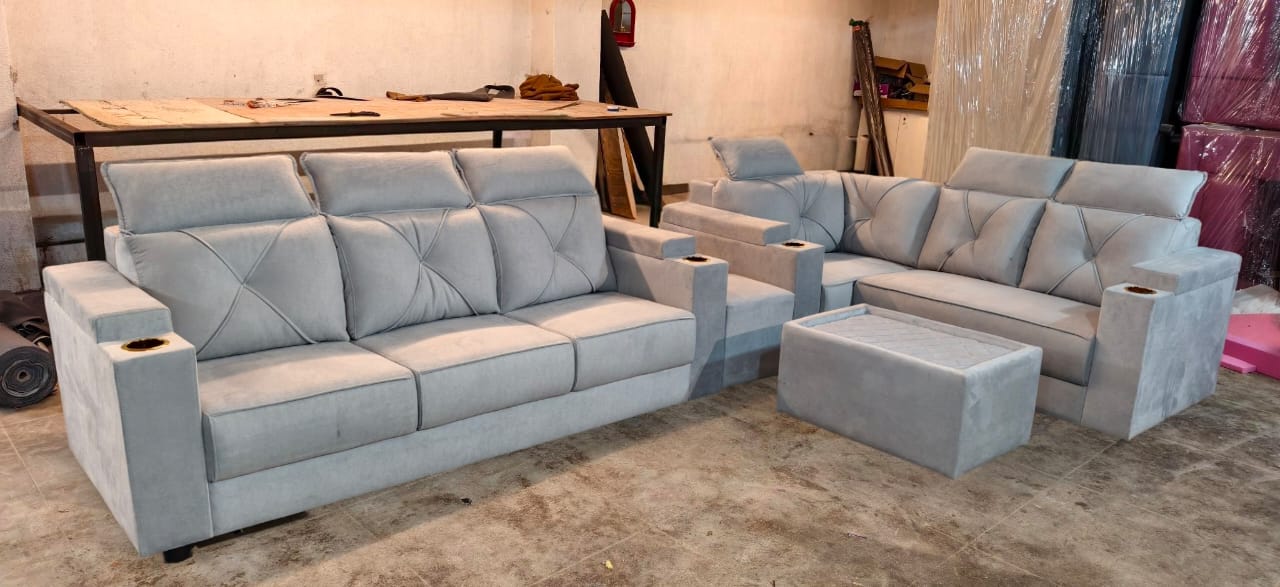 Powder blue velvet corner sofa set with cup holders