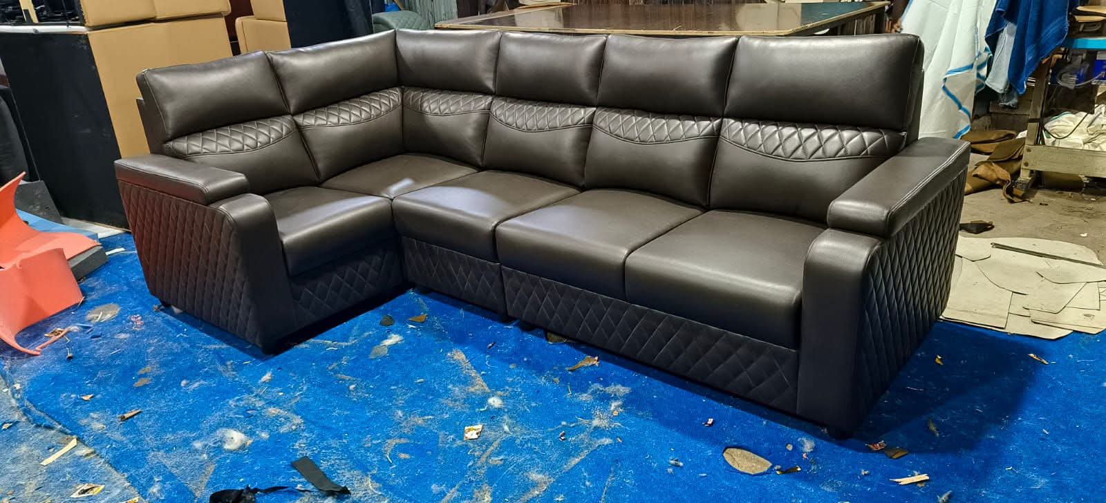 Espresso brown quilted leather corner sofa set