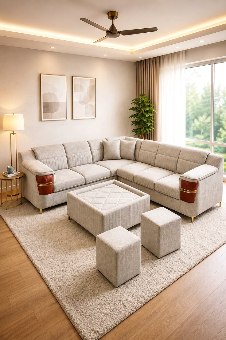 Warm grey corner sofa set with ottomans and rust trim