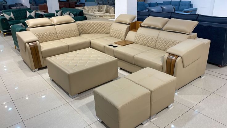 Sand beige corner sofa set with wood trim and ottomans